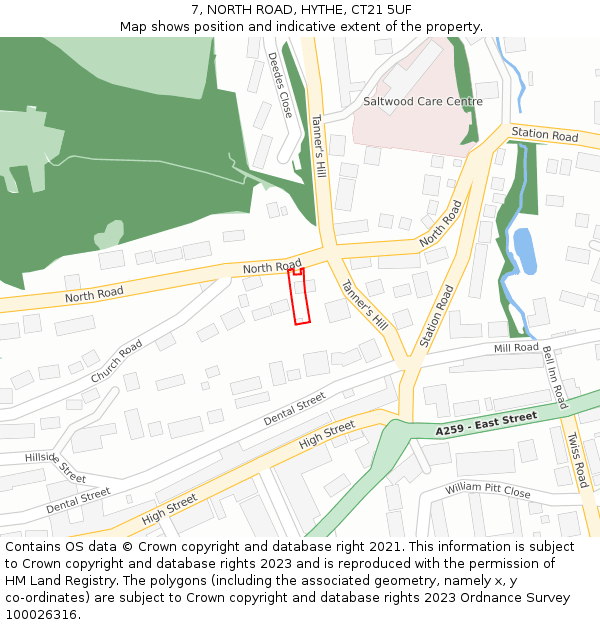 7, NORTH ROAD, HYTHE, CT21 5UF: Location map and indicative extent of plot