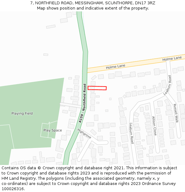 7, NORTHFIELD ROAD, MESSINGHAM, SCUNTHORPE, DN17 3RZ: Location map and indicative extent of plot