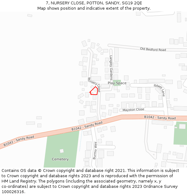 7, NURSERY CLOSE, POTTON, SANDY, SG19 2QE: Location map and indicative extent of plot