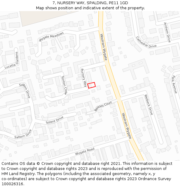 7, NURSERY WAY, SPALDING, PE11 1GD: Location map and indicative extent of plot