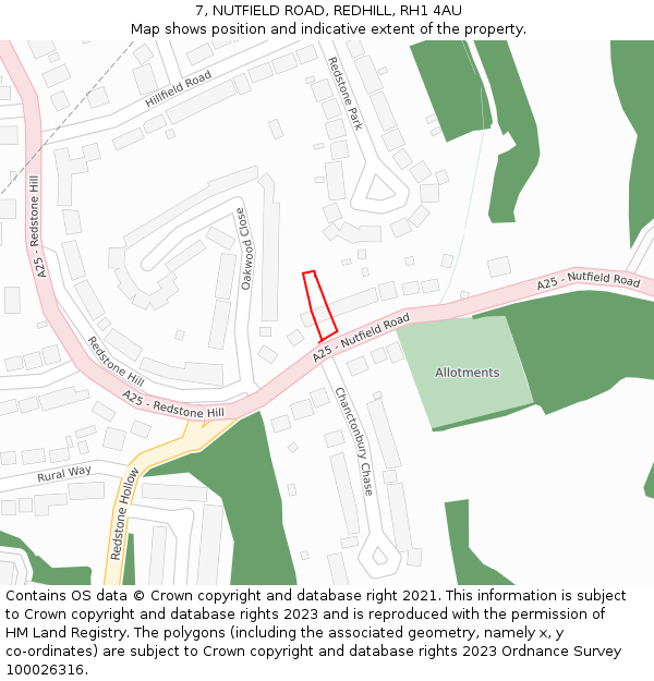 7, NUTFIELD ROAD, REDHILL, RH1 4AU: Location map and indicative extent of plot