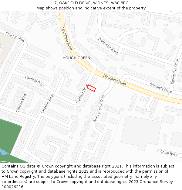 7, OAKFIELD DRIVE, WIDNES, WA8 8RG: Location map and indicative extent of plot