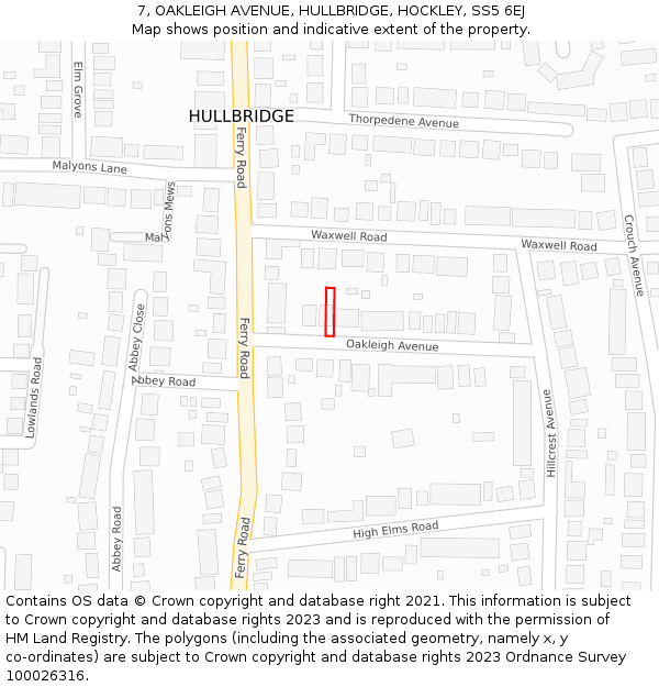 7, OAKLEIGH AVENUE, HULLBRIDGE, HOCKLEY, SS5 6EJ: Location map and indicative extent of plot