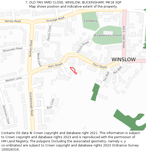 7, OLD TAN YARD CLOSE, WINSLOW, BUCKINGHAM, MK18 3QP: Location map and indicative extent of plot