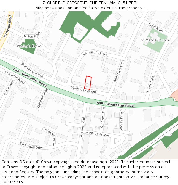 7, OLDFIELD CRESCENT, CHELTENHAM, GL51 7BB: Location map and indicative extent of plot