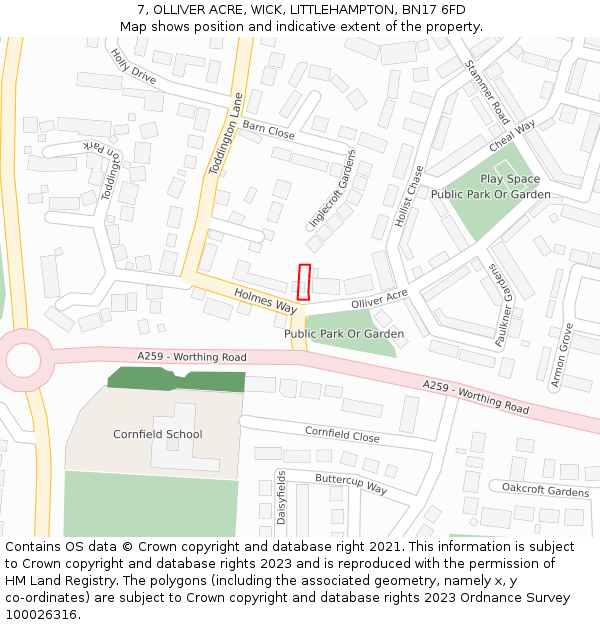 7, OLLIVER ACRE, WICK, LITTLEHAMPTON, BN17 6FD: Location map and indicative extent of plot