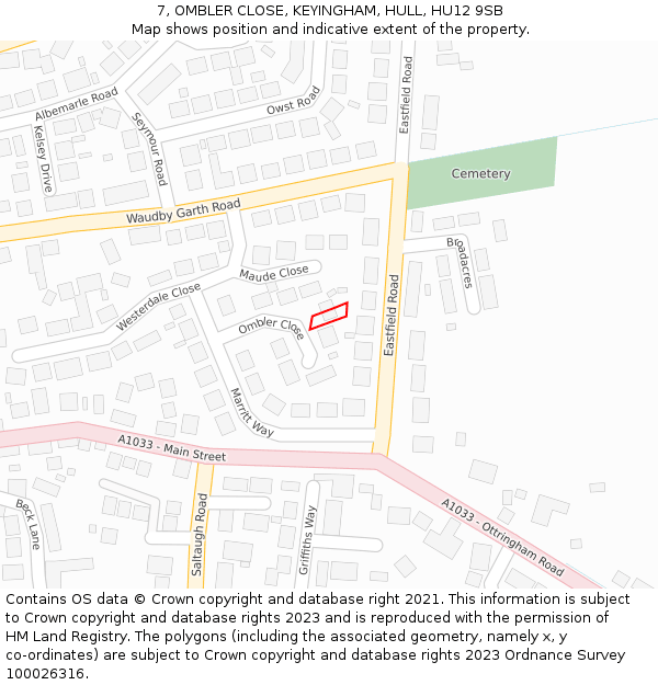 7, OMBLER CLOSE, KEYINGHAM, HULL, HU12 9SB: Location map and indicative extent of plot