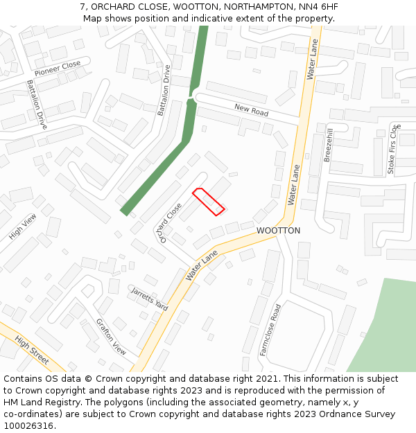 7, ORCHARD CLOSE, WOOTTON, NORTHAMPTON, NN4 6HF: Location map and indicative extent of plot