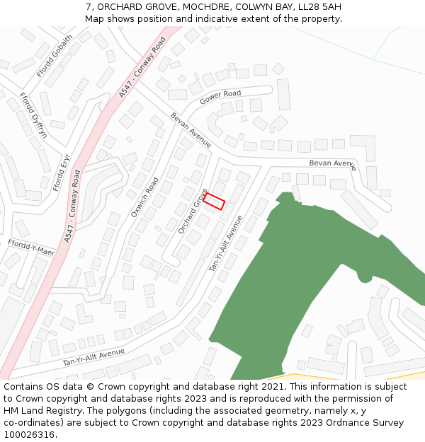 7, ORCHARD GROVE, MOCHDRE, COLWYN BAY, LL28 5AH: Location map and indicative extent of plot