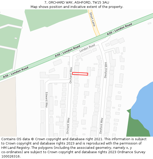 7, ORCHARD WAY, ASHFORD, TW15 3AU: Location map and indicative extent of plot