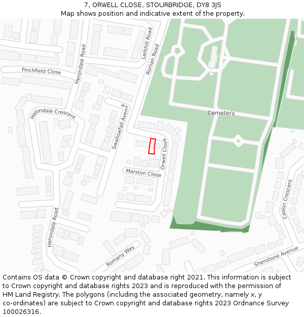 7, ORWELL CLOSE, STOURBRIDGE, DY8 3JS: Location map and indicative extent of plot