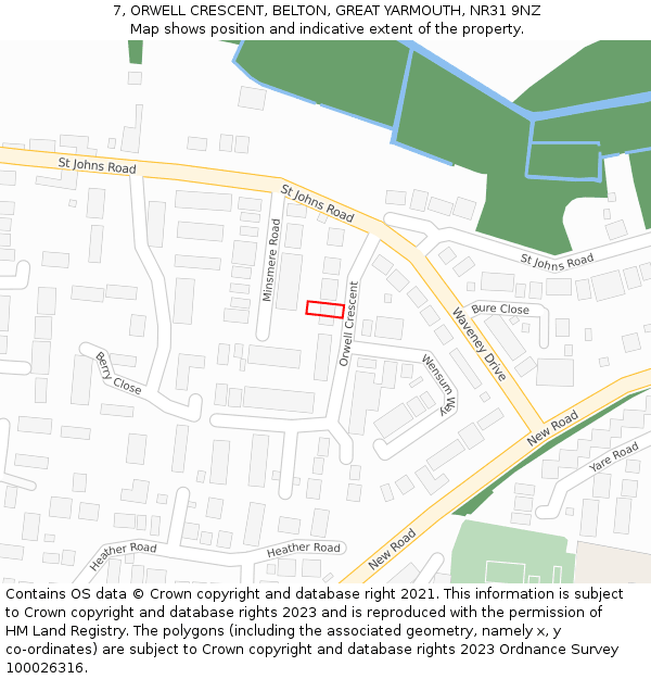 7, ORWELL CRESCENT, BELTON, GREAT YARMOUTH, NR31 9NZ: Location map and indicative extent of plot