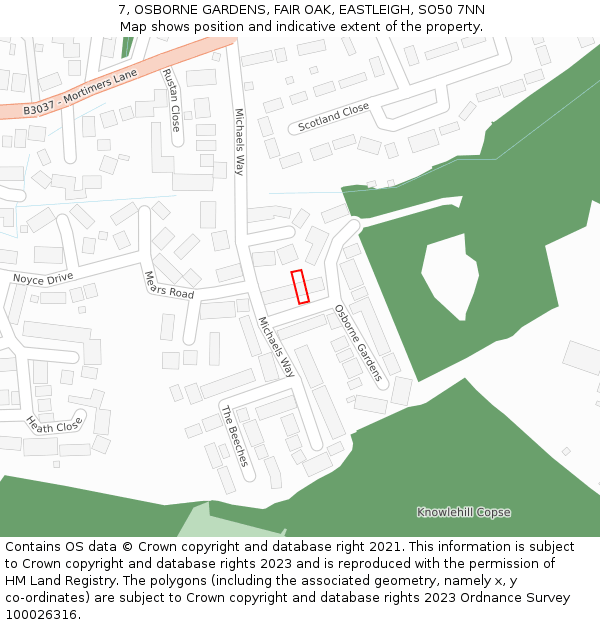 7, OSBORNE GARDENS, FAIR OAK, EASTLEIGH, SO50 7NN: Location map and indicative extent of plot