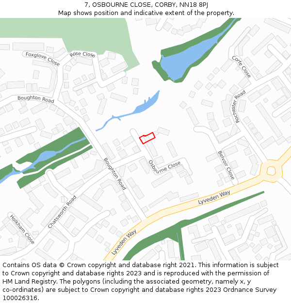 7, OSBOURNE CLOSE, CORBY, NN18 8PJ: Location map and indicative extent of plot