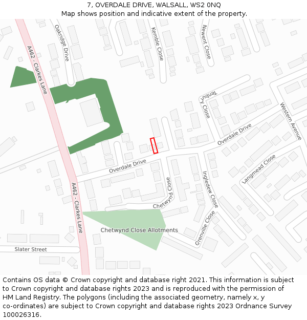 7, OVERDALE DRIVE, WALSALL, WS2 0NQ: Location map and indicative extent of plot