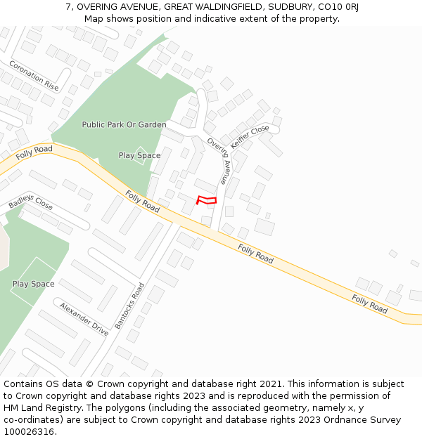 7, OVERING AVENUE, GREAT WALDINGFIELD, SUDBURY, CO10 0RJ: Location map and indicative extent of plot