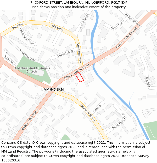 7, OXFORD STREET, LAMBOURN, HUNGERFORD, RG17 8XP: Location map and indicative extent of plot