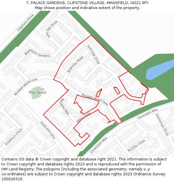 7, PALACE GARDENS, CLIPSTONE VILLAGE, MANSFIELD, NG21 9FY: Location map and indicative extent of plot