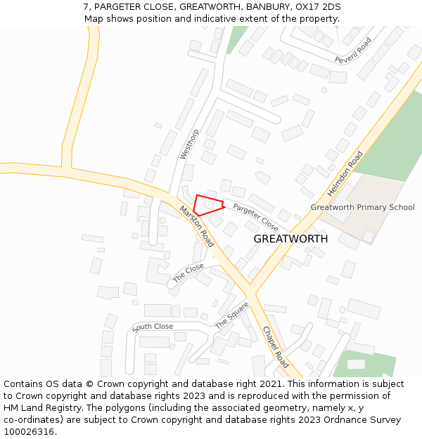 7, PARGETER CLOSE, GREATWORTH, BANBURY, OX17 2DS: Location map and indicative extent of plot