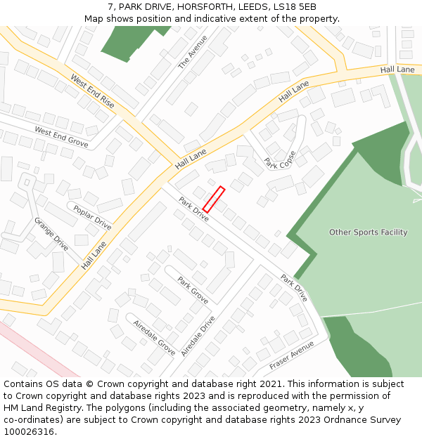 7, PARK DRIVE, HORSFORTH, LEEDS, LS18 5EB: Location map and indicative extent of plot