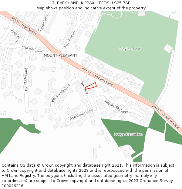 7, PARK LANE, KIPPAX, LEEDS, LS25 7AP: Location map and indicative extent of plot