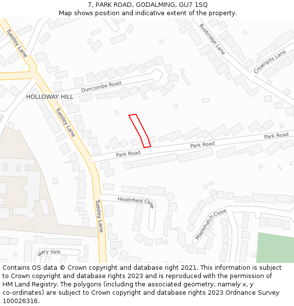 7, PARK ROAD, GODALMING, GU7 1SQ: Location map and indicative extent of plot