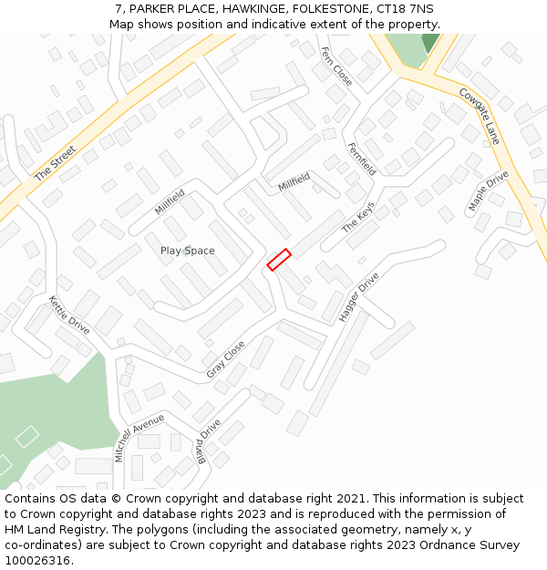 7, PARKER PLACE, HAWKINGE, FOLKESTONE, CT18 7NS: Location map and indicative extent of plot