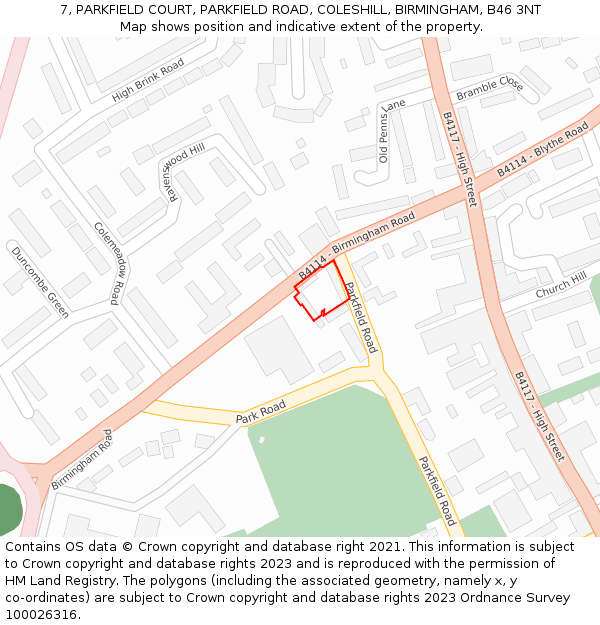 7, PARKFIELD COURT, PARKFIELD ROAD, COLESHILL, BIRMINGHAM, B46 3NT: Location map and indicative extent of plot