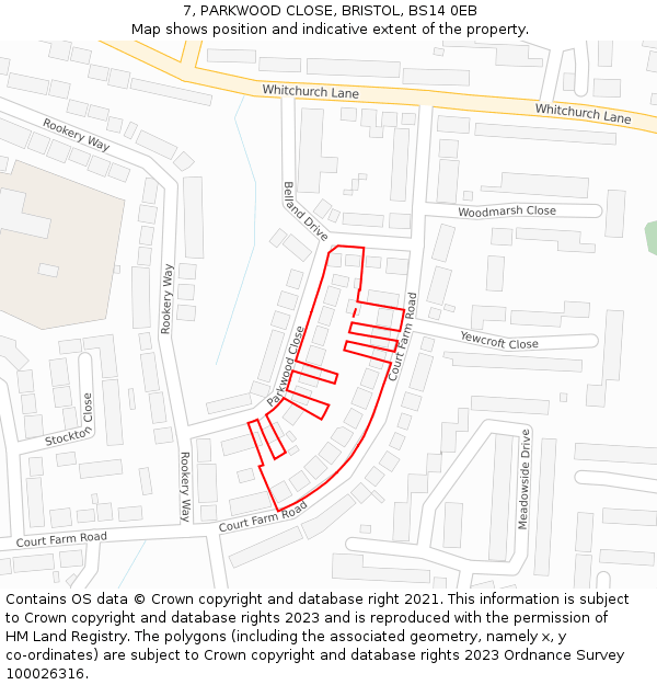 7, PARKWOOD CLOSE, BRISTOL, BS14 0EB: Location map and indicative extent of plot