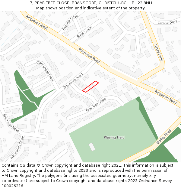 7, PEAR TREE CLOSE, BRANSGORE, CHRISTCHURCH, BH23 8NH: Location map and indicative extent of plot