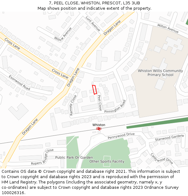 7, PEEL CLOSE, WHISTON, PRESCOT, L35 3UB: Location map and indicative extent of plot