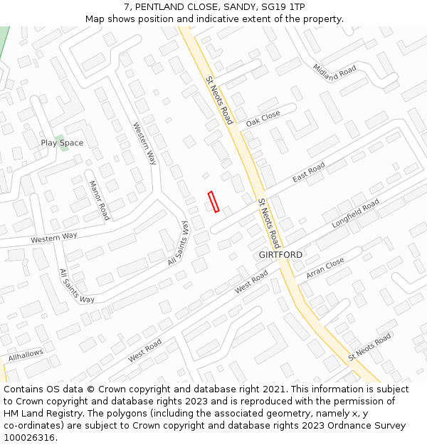 7, PENTLAND CLOSE, SANDY, SG19 1TP: Location map and indicative extent of plot