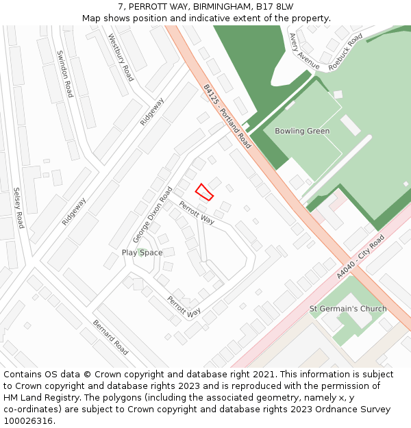 7, PERROTT WAY, BIRMINGHAM, B17 8LW: Location map and indicative extent of plot