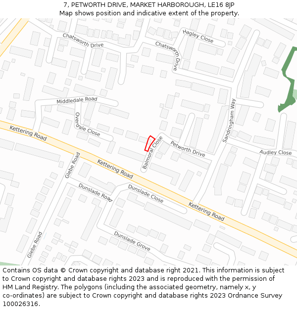 7, PETWORTH DRIVE, MARKET HARBOROUGH, LE16 8JP: Location map and indicative extent of plot