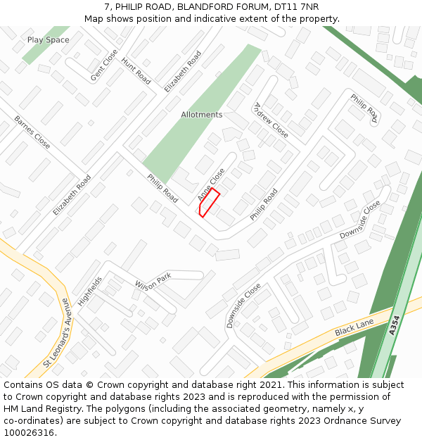 7, PHILIP ROAD, BLANDFORD FORUM, DT11 7NR: Location map and indicative extent of plot