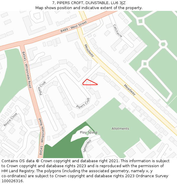 7, PIPERS CROFT, DUNSTABLE, LU6 3JZ: Location map and indicative extent of plot