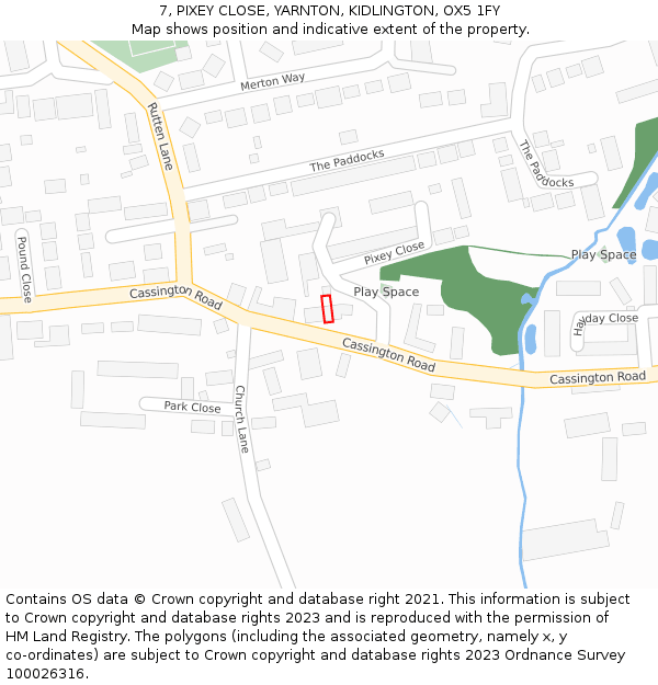 7, PIXEY CLOSE, YARNTON, KIDLINGTON, OX5 1FY: Location map and indicative extent of plot