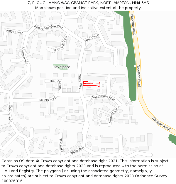 7, PLOUGHMANS WAY, GRANGE PARK, NORTHAMPTON, NN4 5AS: Location map and indicative extent of plot