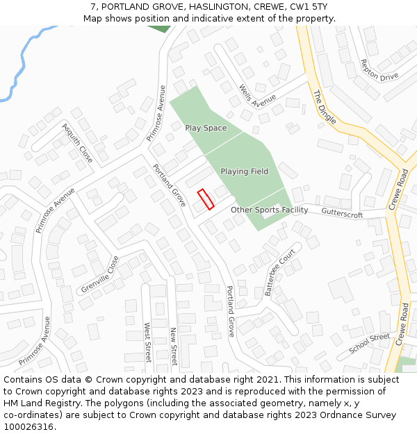 7, PORTLAND GROVE, HASLINGTON, CREWE, CW1 5TY: Location map and indicative extent of plot