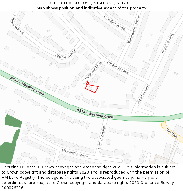 7, PORTLEVEN CLOSE, STAFFORD, ST17 0ET: Location map and indicative extent of plot