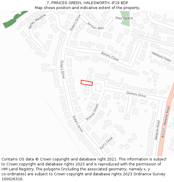 7, PRINCES GREEN, HALESWORTH, IP19 8DP: Location map and indicative extent of plot