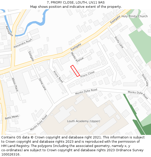 7, PRIORY CLOSE, LOUTH, LN11 9AS: Location map and indicative extent of plot