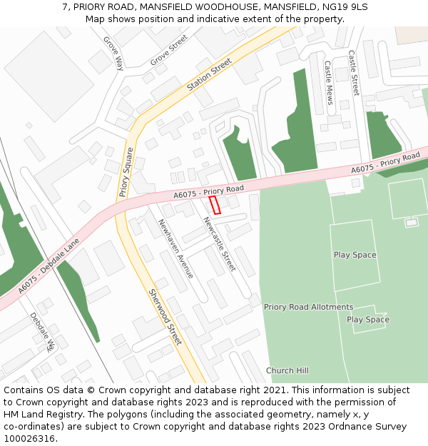 7, PRIORY ROAD, MANSFIELD WOODHOUSE, MANSFIELD, NG19 9LS: Location map and indicative extent of plot