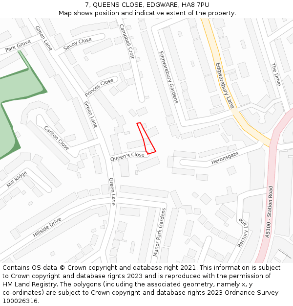 7, QUEENS CLOSE, EDGWARE, HA8 7PU: Location map and indicative extent of plot