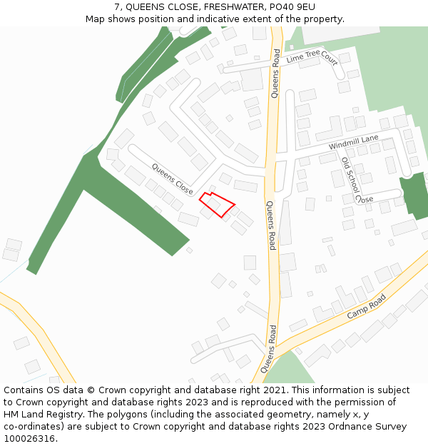 7, QUEENS CLOSE, FRESHWATER, PO40 9EU: Location map and indicative extent of plot