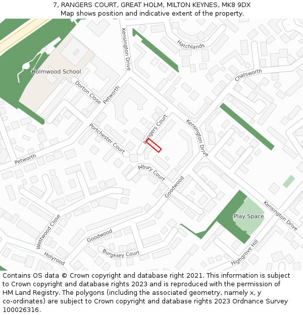 7, RANGERS COURT, GREAT HOLM, MILTON KEYNES, MK8 9DX: Location map and indicative extent of plot