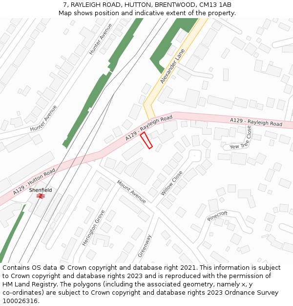 7, RAYLEIGH ROAD, HUTTON, BRENTWOOD, CM13 1AB: Location map and indicative extent of plot