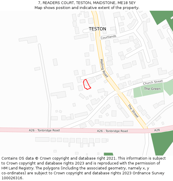 7, READERS COURT, TESTON, MAIDSTONE, ME18 5EY: Location map and indicative extent of plot