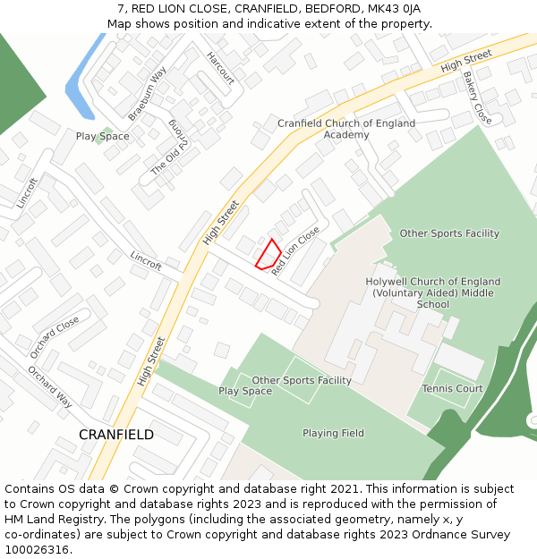 7, RED LION CLOSE, CRANFIELD, BEDFORD, MK43 0JA: Location map and indicative extent of plot