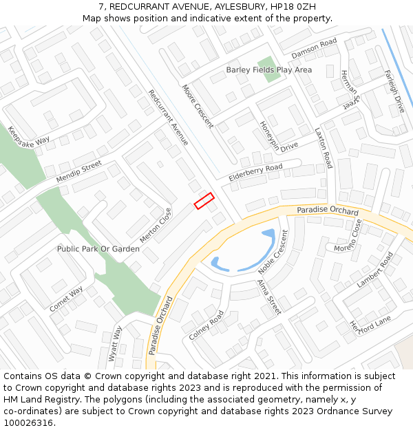 7, REDCURRANT AVENUE, AYLESBURY, HP18 0ZH: Location map and indicative extent of plot